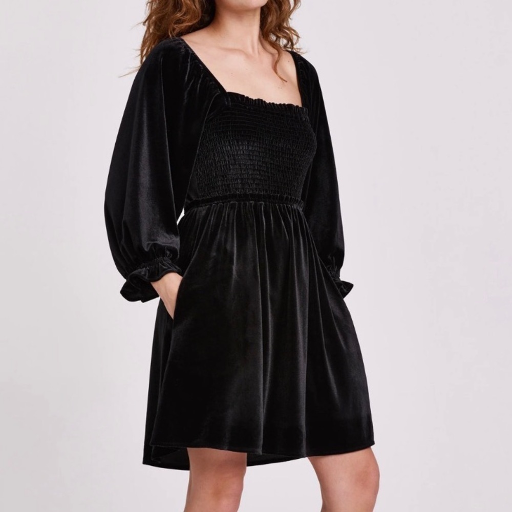 NWT Another Love Irena Smocked Bodice Black Velvet Dress